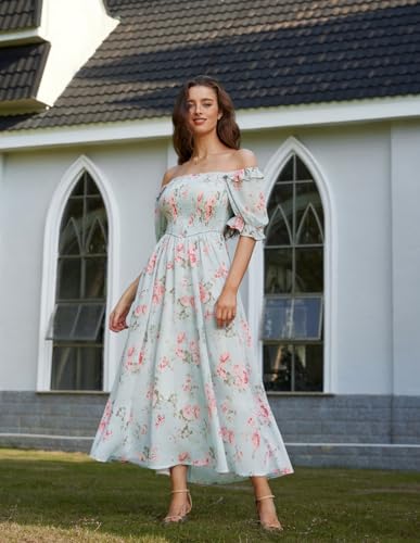 Image of Scarlet Darkness Floral Dress for Women Summer Puff Sleeve Square Neck A Line Flowy Wedding Guest Tea Party Dresses