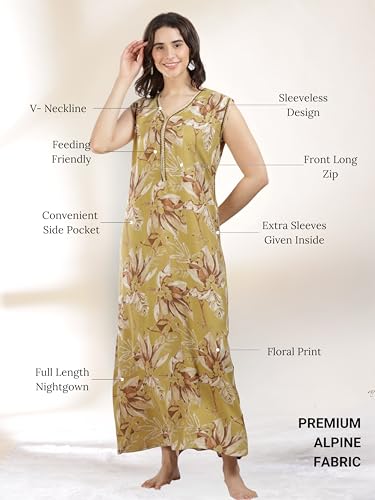 Image of 9shines Label Alpine Sleeveless Nighty | All Over Print Maxi for Women | Night wear for Women | Full Length Night Gown for Women | Night Dress for Women Stylish (Alpine Sleeveless 24)