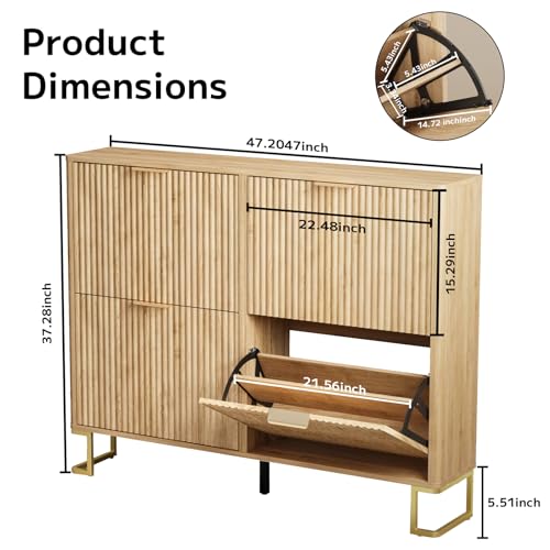 Image of Fluted Shoe Cabinet Storage with 4 Flip Drawers, Wood Narrow Hidden Shoe Cabinet with Metal Legs & Adjustable 2 Tier Shelf for Entryway, Freestanding Slim Shoe Rack Organizer for Hallway Living Room
