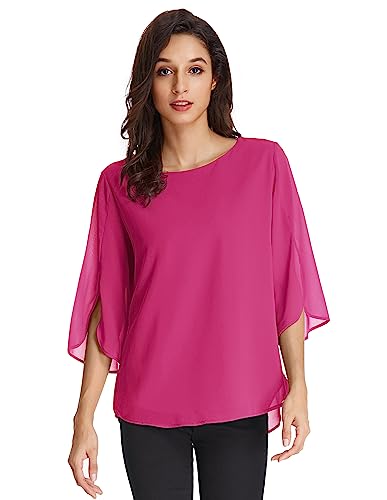 Damen Elegant Chiffon Bluse 3/4 Ärmel Oberteile Langarmshirt Rundhals Tops...