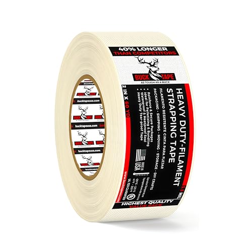 Buck Strapping Tape 2 Inch x 60 Yds (180ft) - 5.5Mil Thickness, Heavy Duty Industrial Grade Mono Directional Fiberglass Reinforced Filament Tape with Synthetic PET Adhesive for Bundling &amp; Palletizing