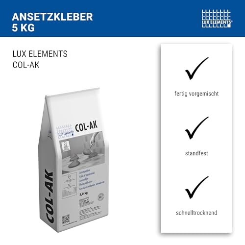 LUX ELEMENTS Ansetzkleber COL-AK 5kg I Fertig vorgemischter Trockenmörtel für Ansetzen, Nivellieren & Verkleben von Bauplatten & Duschböden I Wasserfest
