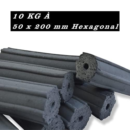 Kokosnuss Kohle mit Langer Brenndauer I Grillkohle Hexagonal I wenig Asche I geringe Rauchentwicklung I Nachhaltige Naturkohle I Kohle Stangen in Profi Qualität I 10 kg