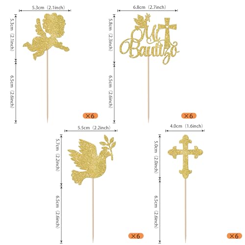Rsstarxi 24 Pack Spanish Mi Bautizo Cupcake Toppers Golden Glitter Cross Angel Dove Baptism Cupcake Picks for Religious God Bless Baby Shower Birthday Baptism Party Cake Decorations