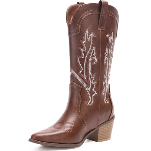 Women's Cowboy Boots Pointed Toe Western Boots Embroidered Mid-Calf Chunky Block Heel Cowgirl Boots