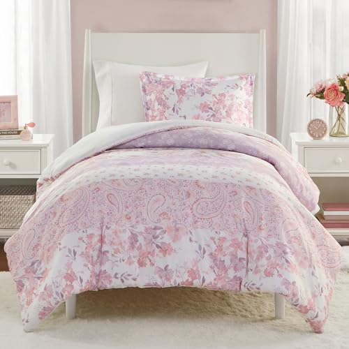 Intelligent Design Twin Duvet Cover Set, Romantic Floral & Paisley, Solid Reverse, All Seasons Soft Microfiber Lightweight & Breathable Duvet Cover, Matching Sham, Oliena, Twin/Twin XL Pink 2 Piece by Intelligent Design - Used condition - US$20.82