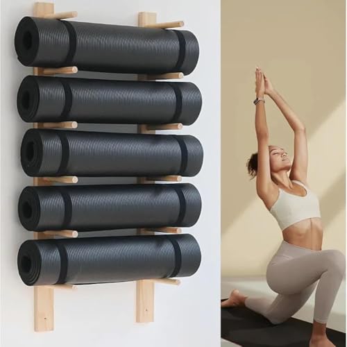 Soporte de pared para esterilla de yoga, organizador ergonómico de fitness con almacenamiento de rodillos de espuma, equipo de gimnasio de madera sostenible para el hogar, la escuela y la oficina
