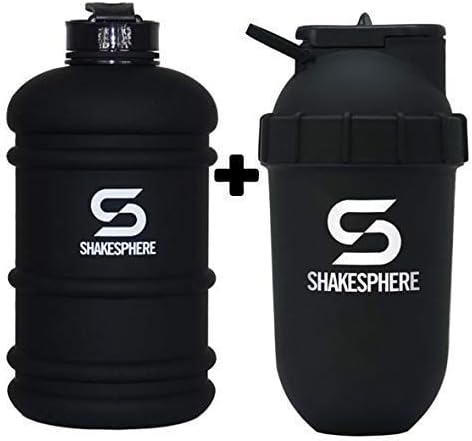 Shakesphere Black Water Hydration Bottle Jug & 700ml Black Protein Shaker Tumbler (1.3L Jug + Matte Shaker - White Logo)