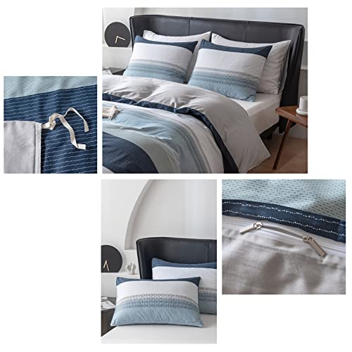 EAVD Cotton Duvet Cover Set Queen White Gray Blue Striped Duvet Cover Modern Geometric Striped Bedding Set for Boys Girls Women Men Blue Striped Queen Duvet Cover with Zipper Closure by EAVD - Image 8