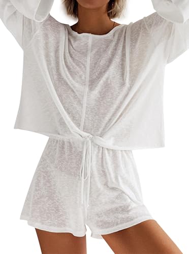 Remidoo Women's See Through Pajamas Long Sleeve Sleepwear Drawsting Mesh Sheer Pj Set3