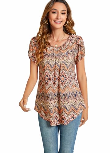SUNNEGOO Women's Short Sleeve Tops Summer Shirts Loose Casual Flowy Blouses Pleated Print Tunic Tops for Women3