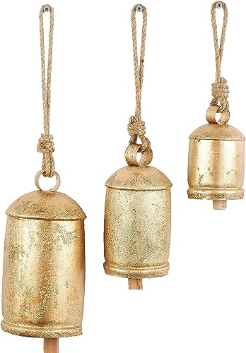 Metal Tibetan Inspired Meditation Decorative Cow Bell with Jute Hanging Rope, Set of 3 10",8",6"H, Christmas Bell