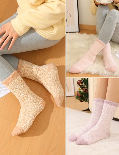 Litfun Women's Fuzzy Memory Foam Slippers(Size 8-8.5,Chestnut) Fuzzy Socks for Women (3 Pairs, Khaki/Pink/Purple, M)2