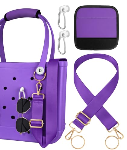 Image of Bag Strap Charms Crossbody for Bogg Bag Accessories - Shoulder Strap Neoprene Luggage Handle Wrap for Suitcase & 2 Key Holders Purple