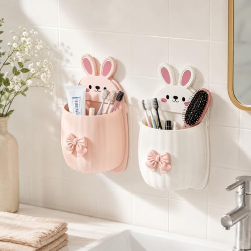 Image of Cute Rabbit Wall Mounted Toothbrush Holder | Self-Adhesive Bathroom Organizer for Toothbrush Toothpaste Comb & Cosmetics | Cartoon Bunny Storage Pocket for Kids Bathroom Accessories (Pack of 2)