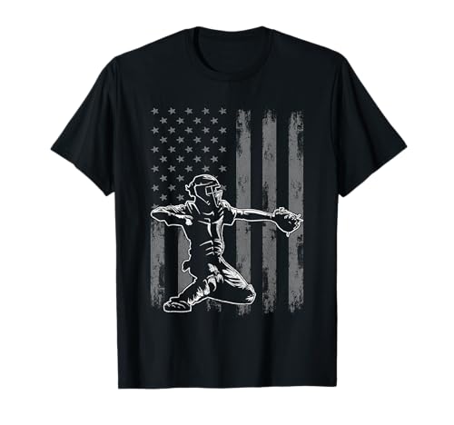 Baseball Catcher T-Shirt Boys Men USA Flag