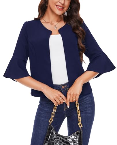 MINTLIMIT Navy Blue Blazer Jacket for Women Flared 3/4 Sleeve Suit Jacket Collarless Casual Cropped Blazer Suit Cardigan,S3