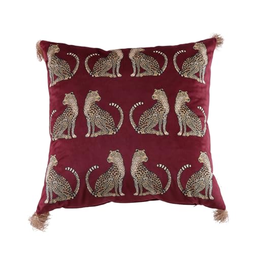 XSlive Lumbar Decorative Throw Pillow Cover with Tassels Leopard Pattern Cushion Cover Luxury Style Soft Velvet Pillowcase for Sofa Couch Bedroom (18x18 Wine Red)