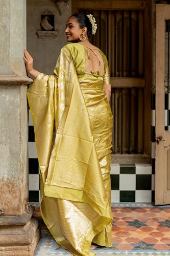 Image of Subham Saree for Woman Silk Cotton Kanjivaram | Soft Daily Wear Golden Zari Sari with Jacquard Blouse Piece