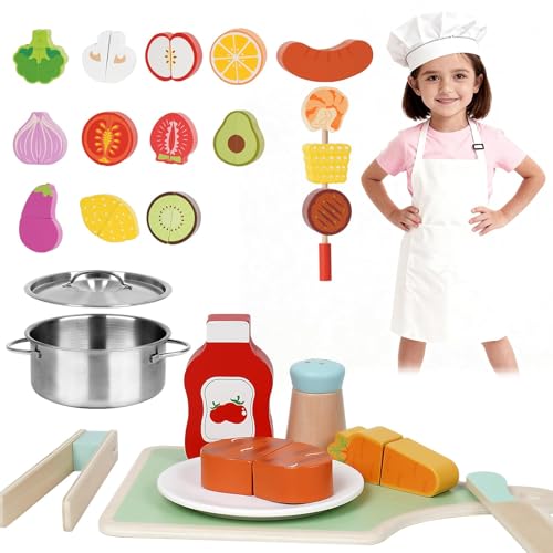 EDUBEBO Juego de alimentos de madera para niños pequeños, cortar alimentos para actividades preescolares, accesorios de cocina de juego de simulación para niños, juguetes de cocina falsos para niños y