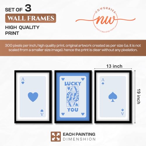Image of NoWorries Modern Blue Playing Cards Wall Framed Painting Set | Lucky Card Art and Ace of Hearts Prints | Premium 300 GSM Paper Print with Synthetic Wooden Frame | Aesthetic Wall Decor for Hotel, Cafe, Bar, Living Room & Bedroom (Pattern-illustration) (Set of 3) (BLACK, ART-6, 13X19INCHES)