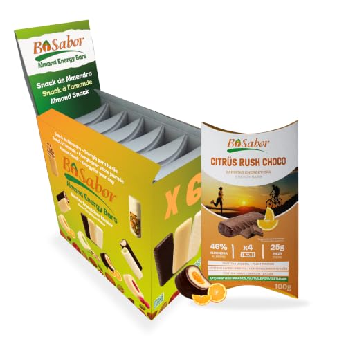 Barritas Energéticas de Almendra con Relleno de Naranja y Cobertura de Cacao Citrüs Rush | Pack Ahorro 24 Barritas (6 Estuches) | BISABOR