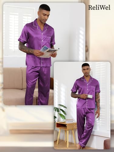 Mens Silk Satin Pajamas Set 2 Piece Classic Pjs Sets Short Sleeve Button Up & Pajama Pants Loungewear Sets2