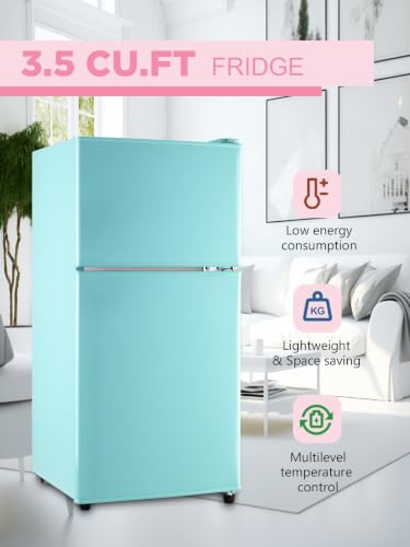 Image of F.W.WOOLWORTHS Refrigerator with Freezer 3.5 Cu.Ft Blue | 7 Level Temp Adjustable Thermostat, Compact Fridge with 2 Doors for Office, Kitchen, Dorm and Bedroom, Blue