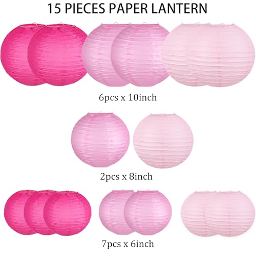 Image of 15-Pack Pink Paper Lanterns, Hanging Party Decorations