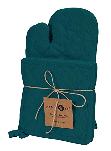 Native Fab Pot Holders And Oven Mitts Sets For Kitchen Heat Resistant - Hanging Non-Slip - 100% Cotton Kitchen Oven Mitts And Pot Holders 4-Piece Set - Teal #TOP1
