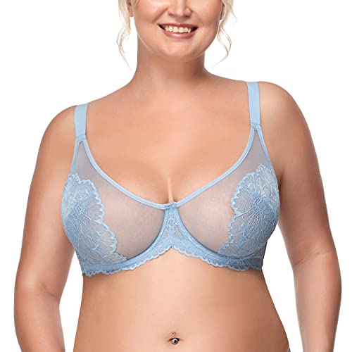 HSIA Women's Minimizer Bra Unlined Underwire Full Figure Lace Bra Plus Size Full Coverage Unpadded Bra 34C-44DDD Storm Blue