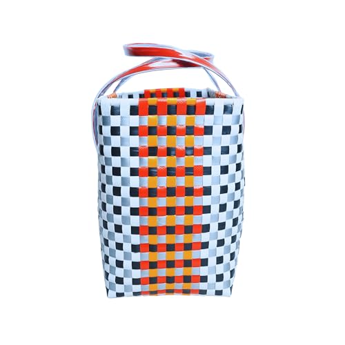 Image of Hand Made Multipurpose Plastic Basket with Lid | Eco-Friendly, Washable, Rust-Free Storage Basket for Kitchen, Picnic, Toys, Travel, Office | Lightweight basket (Red with Light blue, Small)