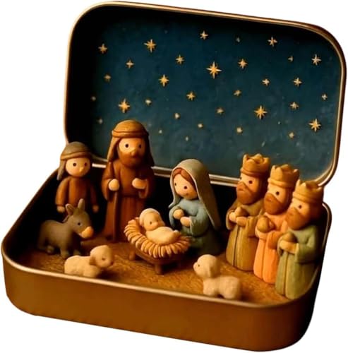 2026 New Mini Christmas & Easter Nativity Set in a Tin Box - Mini Easter Jesus Classic Scenes - Small Pocket Nativity Sets & Figures Easter Decoration Indoor for Home Gifts Decor (1 D)