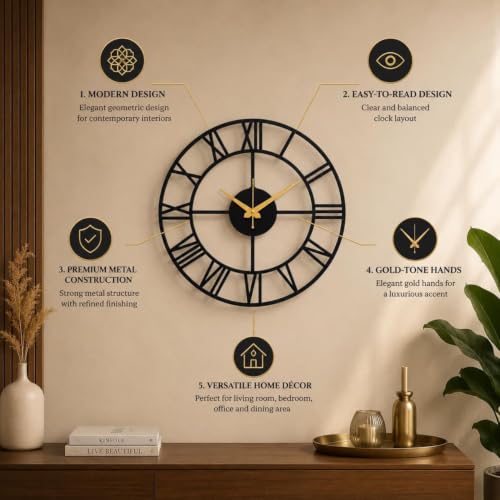 Image of 40 cm Metal Wall Clock | Silent Non-Ticking Skeleton Wall Clock | Modern Black Iron Analog Clock for Living Room, Bedroom, Hall, Office & Home Decor (Design-6)