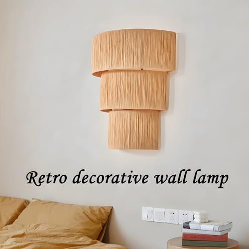 Image of Bofea-Boho Wall Llight with Hand Woven Hemp Rope Shade,Plug in Wall Sconce | Hand Woven Wall Hanging Lamps,Rustic Three Layers Wall Lamps Light Fixture Indoor for Bedroom Stairway