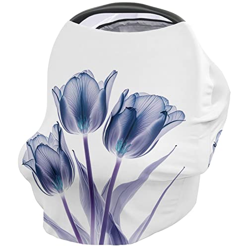 Nursing Cover for Breastfeeding Scarf, Flowers Blue Tulips Abstract Baby Car Covers Super Soft Multi Use for Canopy Shopping Cart Cover Blanket Stroller Cover