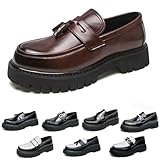 Men's Fashion Black and White Two Tone Chunky Platform Penny Loafers Classic Slip-On Lug Sole Business Work Dress Shoes Daily Non-Slip Shock Absorbing Casual Shoes Large Size 5.5-14 (Brown-A,11)