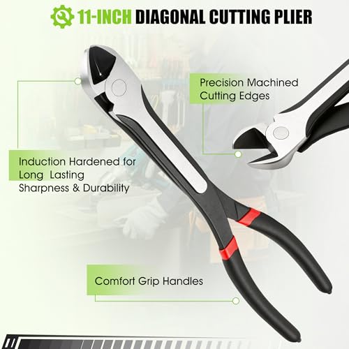 Image of TOOLEAGUE 11 inch Diagonal Cutting Nose Plier, Non-Slip Grip, Straight Extra Long Diagonal Wire Cutters for Electrical, Home Repairing,Jewelry Making and Mechanics