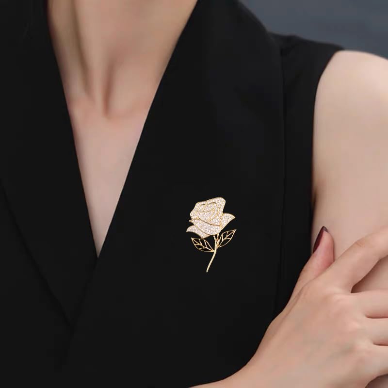 Image of Flower Brooch Pins for Women Red Rose Flower Pin Dress Sweater Jacket Costume Jewelry Pins Wedding Holiday Gift Accessories (Gold Rose)