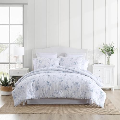 Laura Ashley - Queen Comforter Set, Soft Cotton Bedding with a Medium Weight for Year Round Use, Reversible 3 Piece Bed Set with Matching Pillowcases (Belinda Chambray Blue)