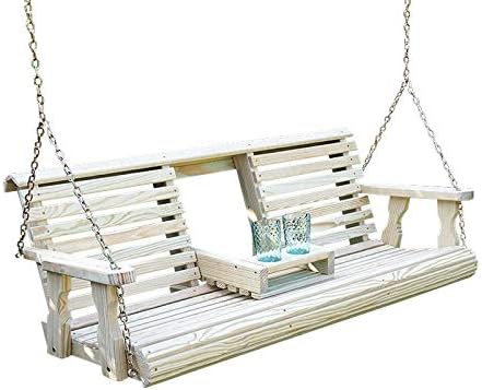 - Porchgate Amish Heavy Duty Console Porch Swing with Fold Down Cup Holders in Unfinished - Amish Made in The USA from Treated Pine, Hanging Chains Included