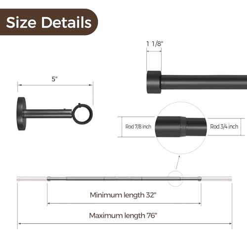 Image of TWOPAGES Adjustable Curtain Rods for Windows 32 to 76 Inch, Wall Mounted Heavy Duty 1 Inch Black Curtain Rod with Rings, Carbon Steel Curtain Rod Set