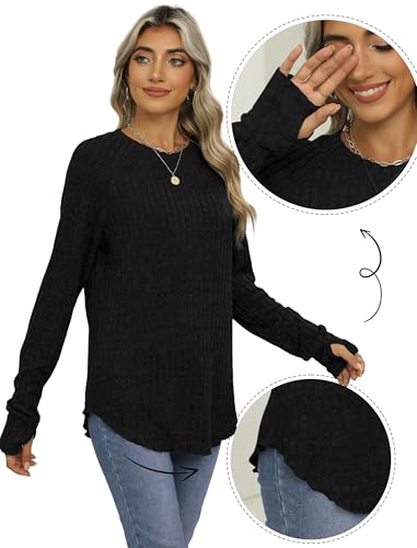 Saloogoe Women's Long Sleeve Top Crewneck Basic Lightweight Fall Shirt with Thumb Hole4