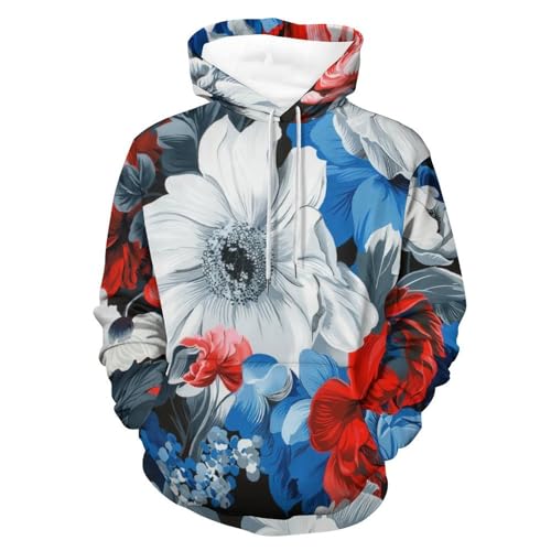 Sweat à capuche fleurs bleues et rouges coupe unisexe confortable