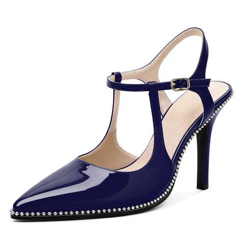 Image of SAMMITOP Womens High Heels Ankle Strap Pointed Toe Stilettos Patent Leather Beaded Pumps Dress Shoes 3.5 Inch
