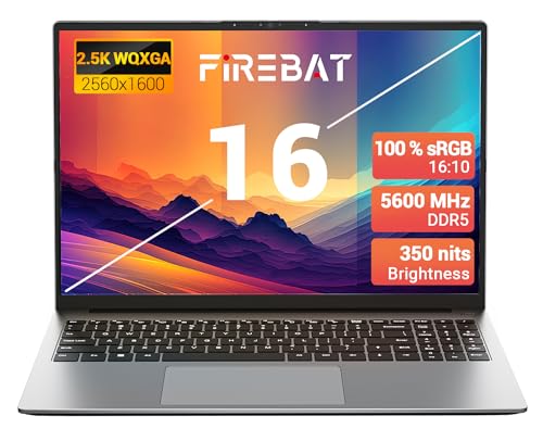 FIREBAT Laptop Computer Ultrabook, 16in 2560x1600, 4.9GHz AMD Ryzen7 H255 CPU, Radeon 780M Graphics, Scalable Storage, 16GB DDR5 RAM, 512GB M.2 NVMe SSD, Portable Gaming/School/Business Notebook PC