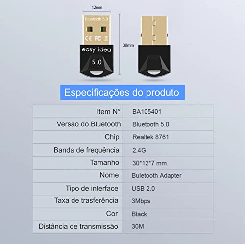 Adaptador USB Bluetooth 5.0 Easy Idea Original Para PC Notebook Windows Chip REALTEK RTL8761B
