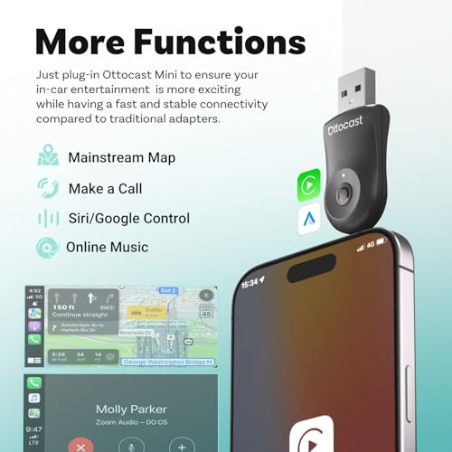 Image of Ottocast Mini 2-in-1 Wireless Carplay Adapter by KMH & Wireless Dongle CarPlay or Android Auto Adapter for Car | USB C /A Bluetooth 5.3 5.8Ghz WiFi Reliable Connectivity (Pack of 1)