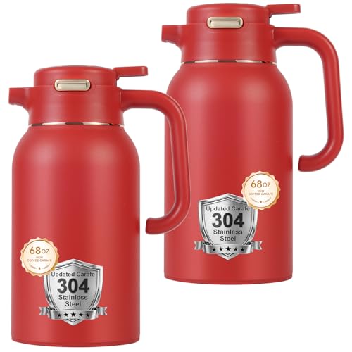 Image of 68 Oz Thermal Coffee Carafe, Stainless Steel Insulated Vacuum Coffee Carafes For Keeping Hot Liquid Thermal Pot Creamer Pitcher Dispenser(Red /Red)