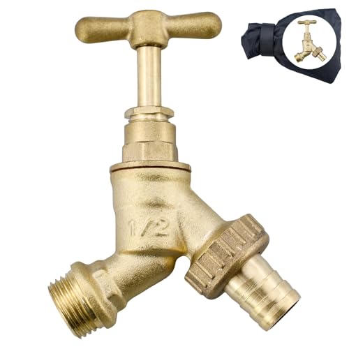 Rubinetto da giardino per esterni con raccordo a gomito da 1,27 cm, con piastra a parete a compressione, tubo in rame da 15 mm (con copertura per rubinetto)